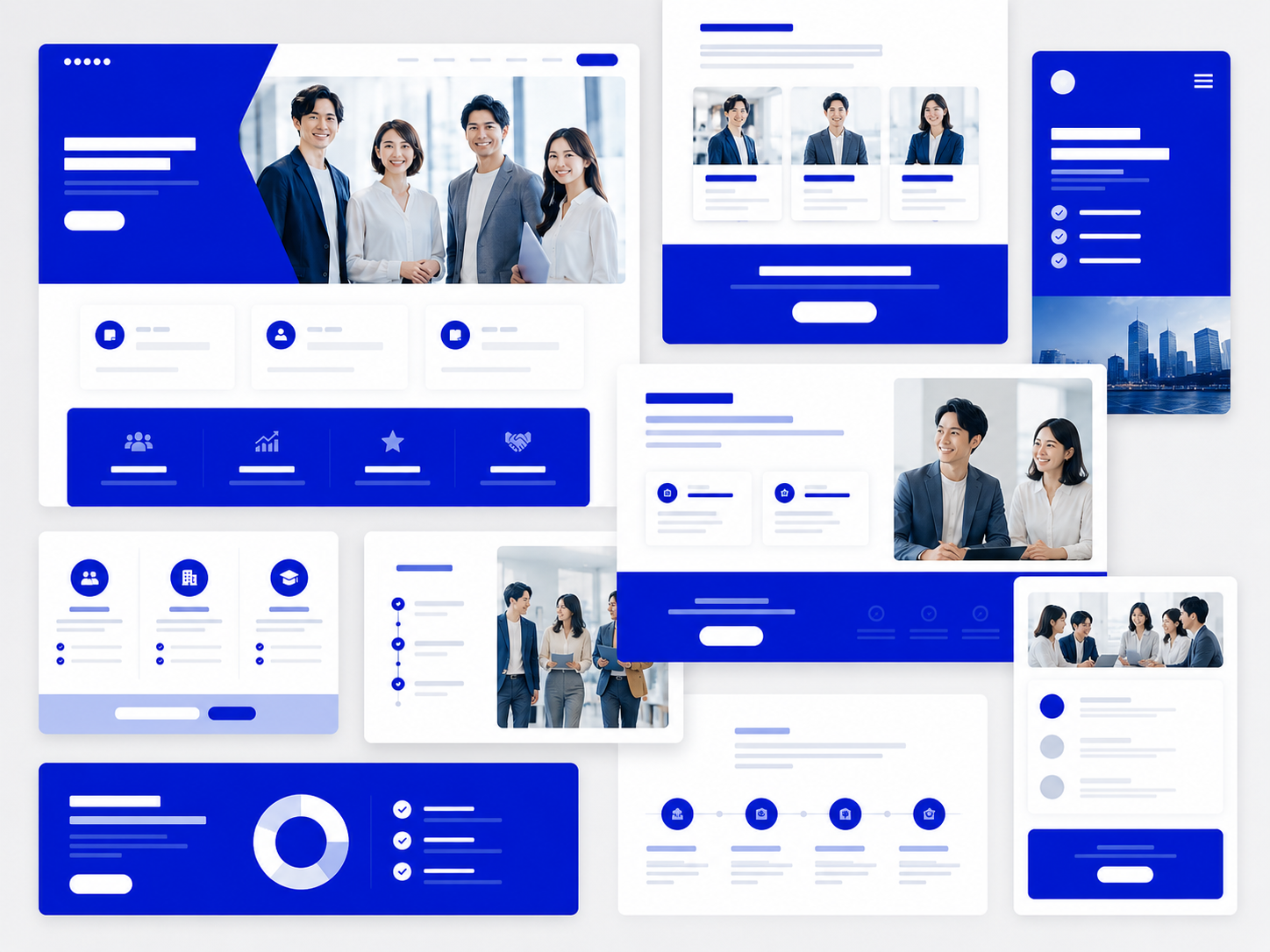 コーポレート・採用・商品 LP の各種 UI パネルのデザイン作例